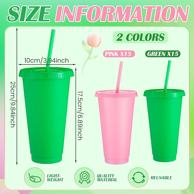 Honeydak 30 Pack Tumbler with Straw and Lid Bulk Water Bottle Iced Coffee Travel Mug Cup Reusable Plastic Cups for Party Birthdays 24-27 oz (Pink and Green Color) - Bloomnest