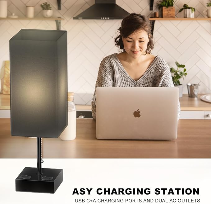 Table Lamp for Bedroom with USB,Bedside Lamp with USB C+A Charging Ports,Adjustable 3color LED Light for Home Decor/Nightstand/Office,Included Bulb and Fabric Lamp Shade (Linen Black, 1PCS) - Bloomnest