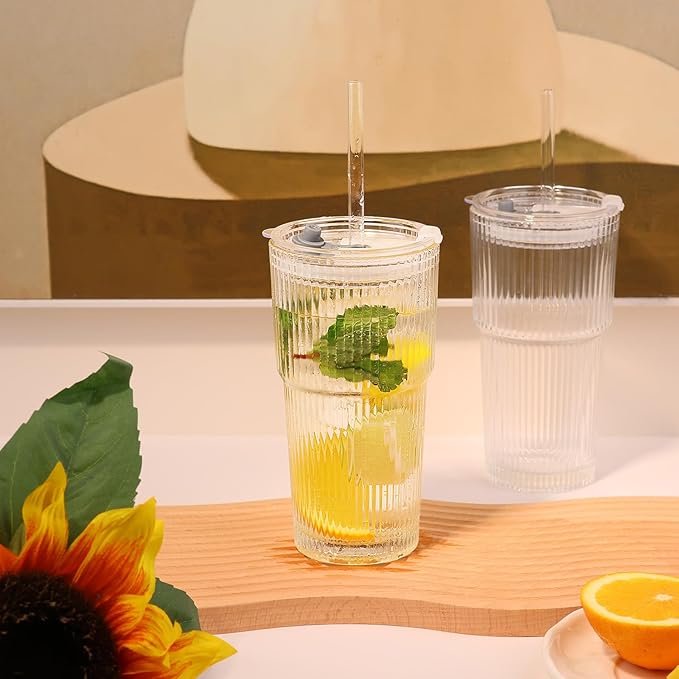 Set of 2 Ribbed Glass Tumbler with Lids and Straws, 20oz Vintage Clear Glass cups, Large capacity, Unbreakable, Fluted Design, Ideal for Travel, Iced Coffee,Smoothie, Tea, Latte, Gift