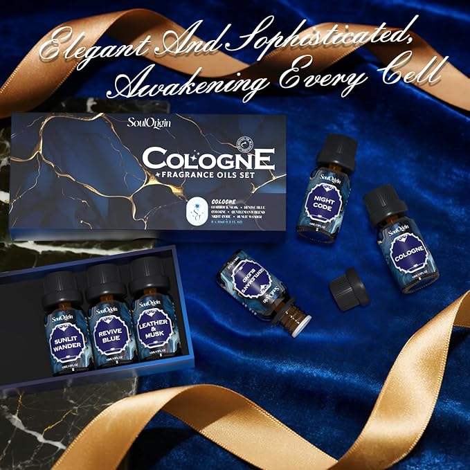 Cologne Fragrance Oils Set, Essential Oil for Diffuser, Men Scent Diffuser Oil, Use for Soap Candle Making, Cologne, Leather&Musk, Revive Blue, Sunlit Wander, Gentleman's Blend, Night Code - Bloomnest