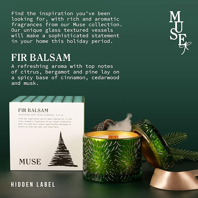 Hidden Label Fir Balsam Scented Crackling Wood Wick Soy Candles, 7.4oz Glass Jar Decorative Candles for Women - Bloomnest
