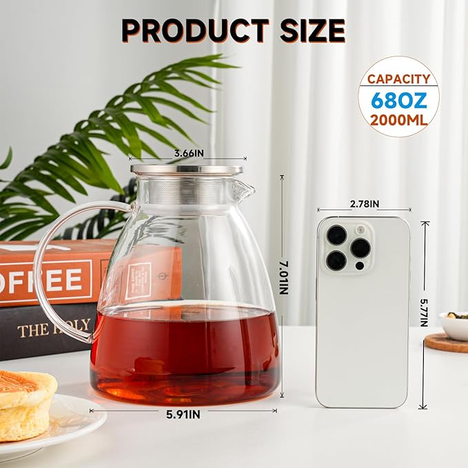 68OZ/2000ML One Touch Glass Teapot with Stainless Steel Filter Lid, Stovetop & Microwave Safe Tea Maker Water Kettle, Strainer & Cover 2 in 1 Loose Leaf Tea Steeper Pot Coffee Carafe - Bloomnest
