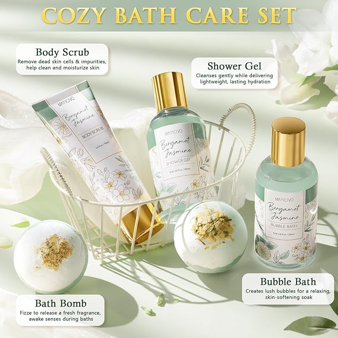 Birthday Gifts for Women, Bergamot Jasmine Relaxing Spa Gift Baskets for Women Self Care Package Bath Gift Set, Home Bath and Body Kit Pampering Valentines Day Gifts for Her Womens Mom Friends Sister - Bloomnest