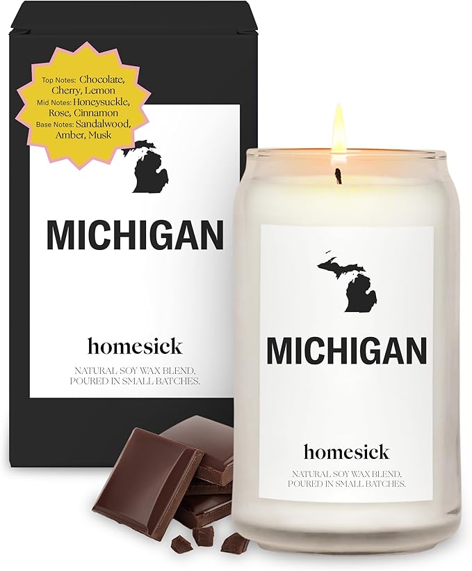 Homesick Scented Candles for Home (Michigan) - 13.75 oz Long-Lasting Soy Wax Jar Candle for Women & Men for All Occasions, 60-80 Hours Burn Time - Notes of Chocolate, Cherry & Lemon - Bloomnest