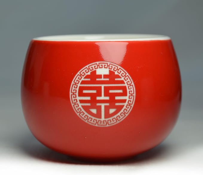 Chinese Wedding Tea cup 5oz Porcelain Teacup Red Cups Round Glaze Carving Double Xi for Tea Ceremony Wedding Party Home Decor (Double happiness cups 2pcs) - Bloomnest
