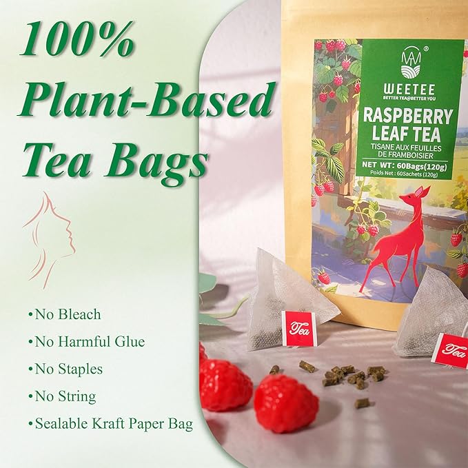 WT WEETEE Red Raspberry Leaf Tea Bags, 60 Count Corn Fibre, Pure Cut & Sifted Raspberry Leaves, No Sugar, No Caffeine, Natural Pregnancy Tea - Bloomnest