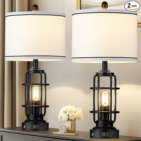 Modern Table Lamps, Industrial 3-Way Dimmable Bedside Lamp with USB A+C Ports & AC Outlet, Touch Control Rustic Nightstand Lamp LED Night Light for Living Room Bedroom Decor Home(4 Bulbs Included) - Bloomnest