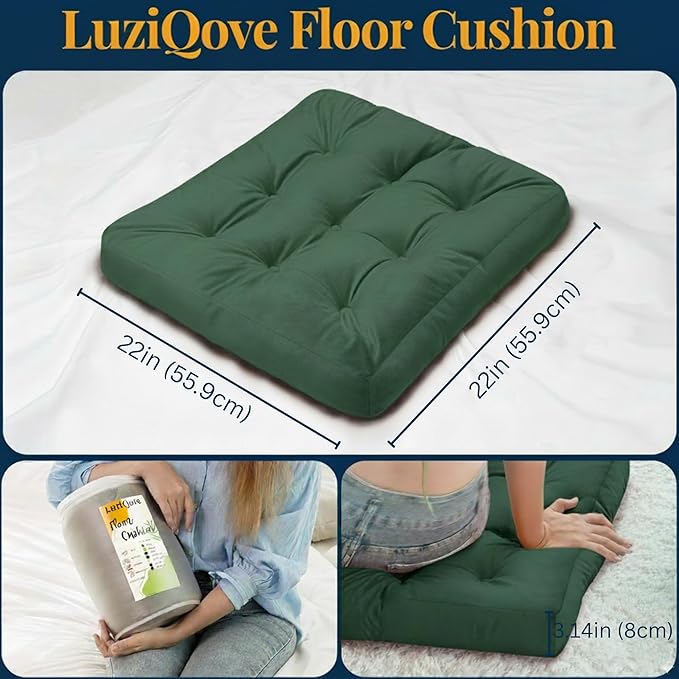 Velvet Floor Pillow,Square Large Pillows Seating for Adults, Green Tufted Cushions for Meditation, Yoga Tatami Living Room Chair Booster Machine-Washable & Dryer-Safe, Green, 22x22 Inch - Bloomnest