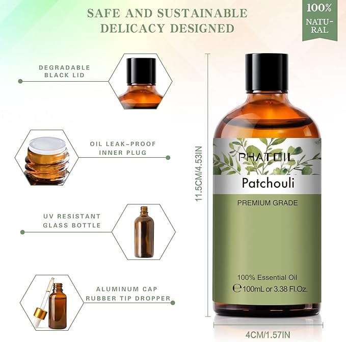 Patchouli 3.38fl.oz Essential Oil, PHATOIL Pure Aromatherapy Oils for Diffuser, Humidifier, Perfect for DIY Soap, Candle, Bath Bombs Making(100ml) PHATOIL