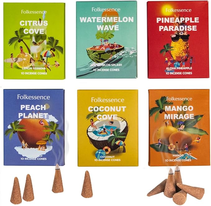 Folkulture Incense Cones (60 Cones) | Set of 6 Summer Insence Cones for Aromatherapy, Relaxation | No Charcoal, Organic, Non Toxic Lemon & Mango, Pineapple Scented Inscents-Cones FOLKULTURE