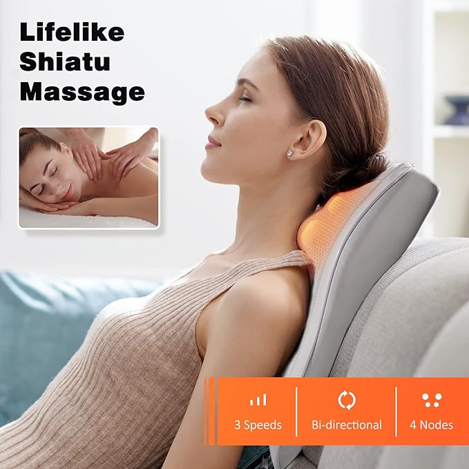 Boriwat Neck and Shoulder Massager with Heat, Shiatsu Massage Pillow with 3D Deep Tissue Kneading for Back Legs Foot Body Pain Relief,at Home Office Car, Gift for Mom & Dad - Bloomnest