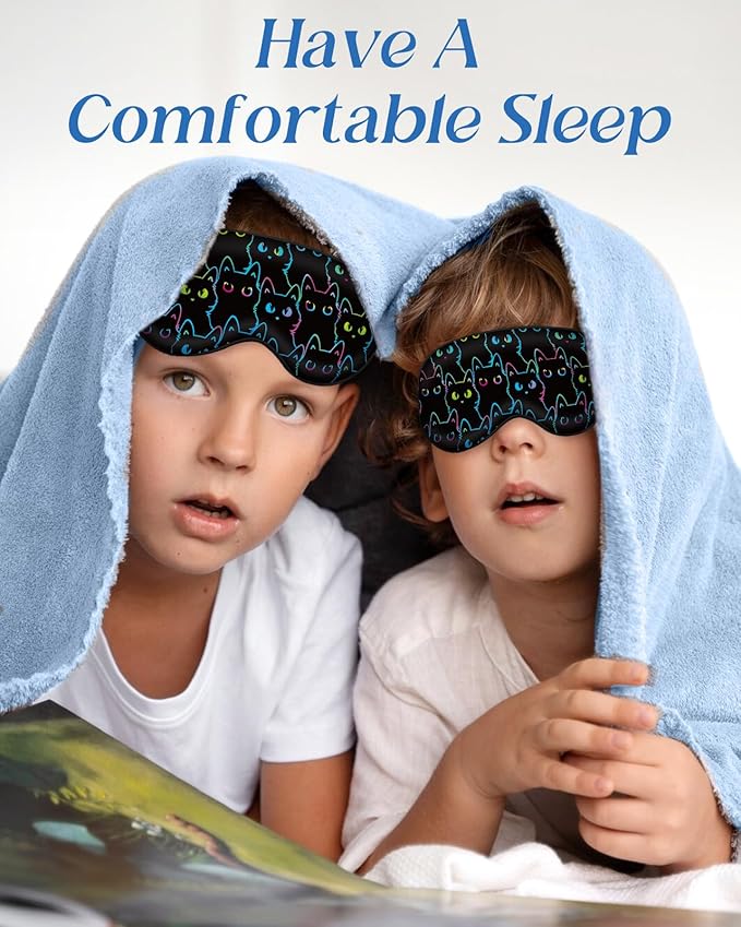 Sleep Mask for Kids - Cute Kawaii Cartoon Silk Sleeping Mask with Adjustable Strap Soft Smooth Light Eye Mask for Sleeping Silk Kids Eye Cover for Boys Girls Teens, Luminous Black Cats - Bloomnest