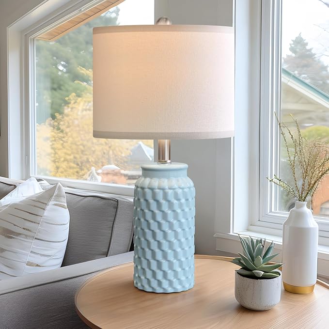 20.5" Light Blue Modern Ceramic Bedside Lamp Set of 2 for Bedroom Decor Farmhouse Table Lamp for Living Room Office Dorm - Bloomnest