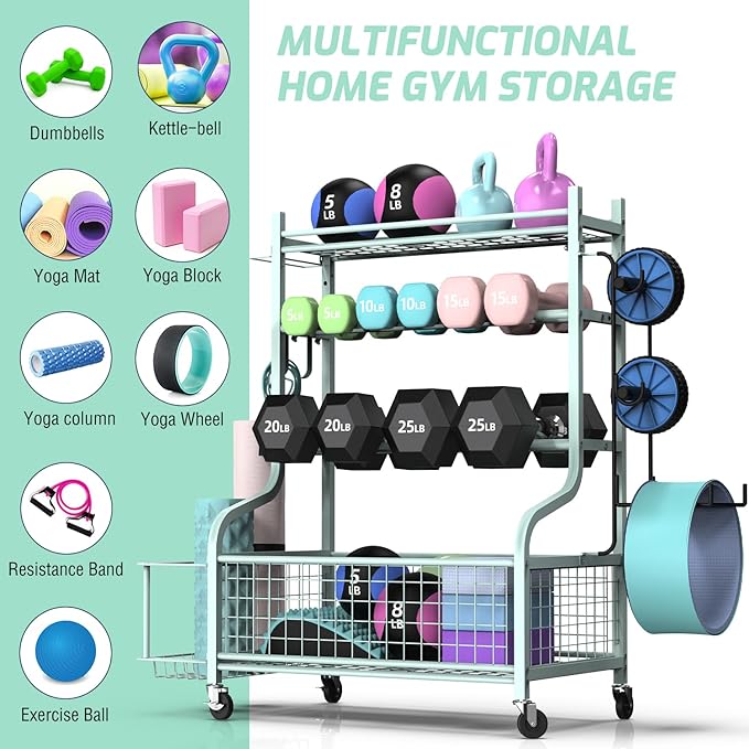 PLKOW Dumbbell Rack, Weight Rack for Dumbbells, Home Gym Storage for Dumbbells Kettlebells Yoga Mat and Balls, All in One Workout Storage with Wheels and Hooks, Powder Coated Finish Steel - Bloomnest