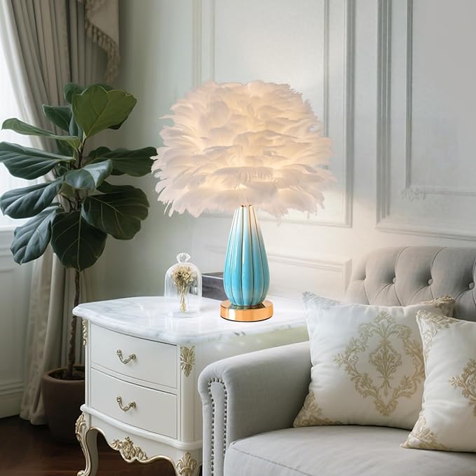 Chic White Feather Lamp Creative Feather Bedside Lamp Princess Nightstand Table Lamp Deco Romantic Atmosphere Desk Light for Cute Girl Bedroom Wedding Gift Living Room Hotel Ceramic Body - Bloomnest