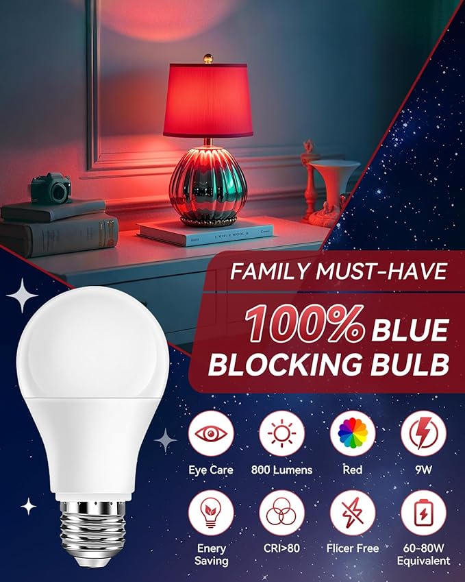 Neporal Red Light Bulbs for Sleep 9W, 100% Blue Light Blocking Night Light, 625nm Red Light Bulb for Melatonin Promoting, A19 60W Equivalent Dim Light Bulbs for Bedroom, Baby Nursery,6 Packs - Bloomnest