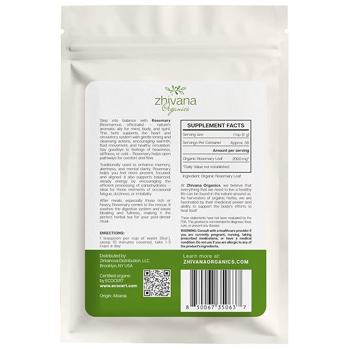 Organic Rosemary Leaf (4 oz.) (Rosmarinus officinalis) – Loose Dried Leaves – Edible Grade for Tea, Seasoning & Herbal Use - Bloomnest