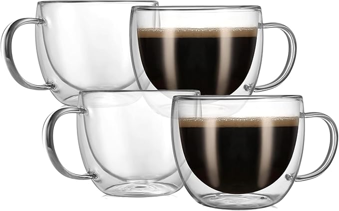 CNGLASS 8oz Double Wall Glass Coffee Mugs,Clear Insulated Espresso Glass Mugs with Handle for Latte,Cappuccino,Coffee,Set of 4 - Bloomnest