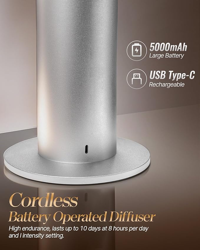 Waterless Diffuser for Home Large Room,Essential Oil Diffusers with 2000 Sq.Ft Coverage,Cordless Battery Operated Diffuser,Hotel Scent Diffusers Starter Kit for Bedroom/Office/Spa/App, Silver - Bloomnest