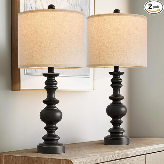 BOBOMOMO 24" Traditional Farmhouse Table Lamp Set of 2, Vintage Resin Lamps for Living Room Bedroom, Rustic Nightstand Lamp with Linen Shades, Retro Black Table Lamps for Living Room, Bedroom, Office - Bloomnest