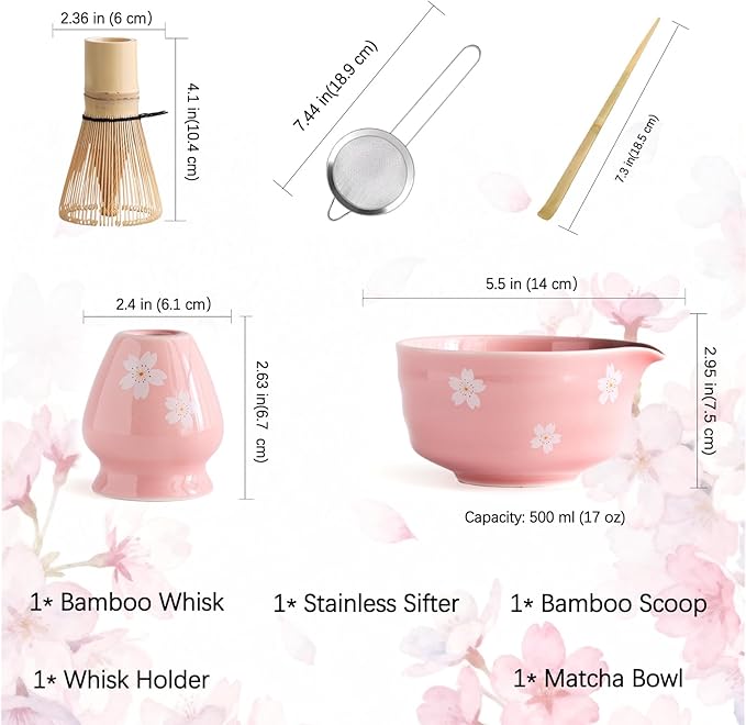 Matcha Whisk Set, Matcha Bowl with Spout, Matcha Whisk and Holder, Bamboo Matcha Scoop and Stainless Sifter，Ceramic Matcha Bowl Set (Pink) - Bloomnest