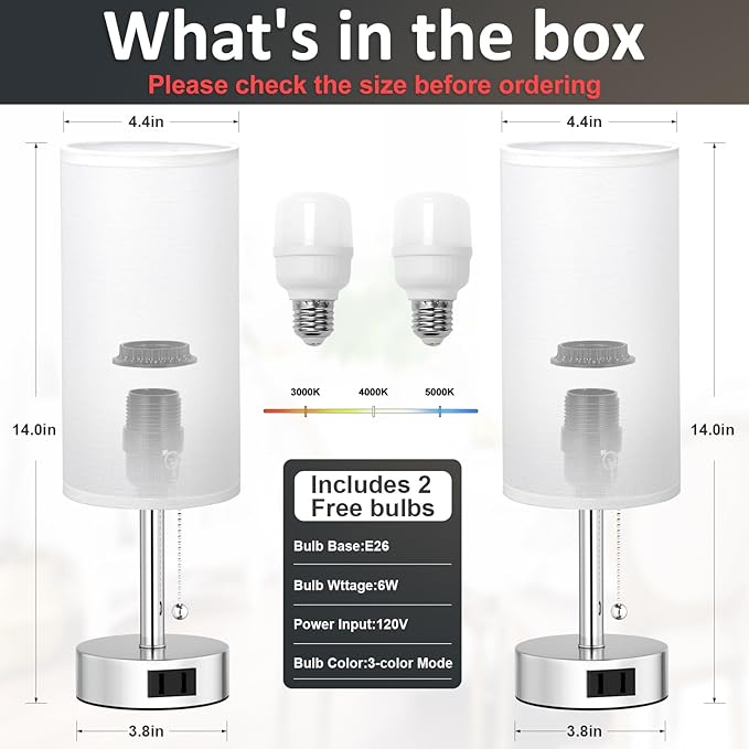 Fenmzee White Silver Bedside Table Lamps Set of 2-3 Color Temperatures Pull Chain Lamp with AC Outlet Charging Port, Two Round Night Stand Lamps for Bedroom, Small Bed Side Light with E26 LED Bulbs - Bloomnest