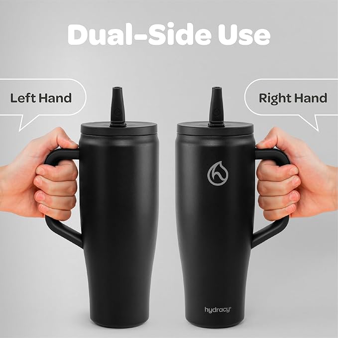 Hydracy 40 oz Tumbler with Handle and Straw, Stainless Steel Insulated Travel Cup with No Spill Rotatable Flip Lid for Left or Right Hand Use, Rubber Base, Fits in Cup Holder - Sexy Black - Bloomnest