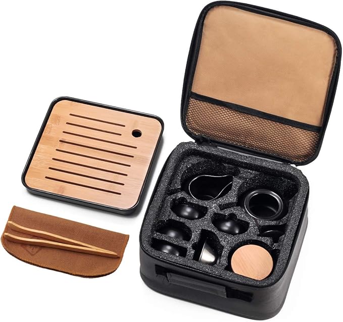 Chinese Tea Pot Cup Set with Tray Infuser - Travel Ceramic Tea set Porcelain Teapot, Portable All in One Bag for Outdoor Picnic Business Hotel (Black)