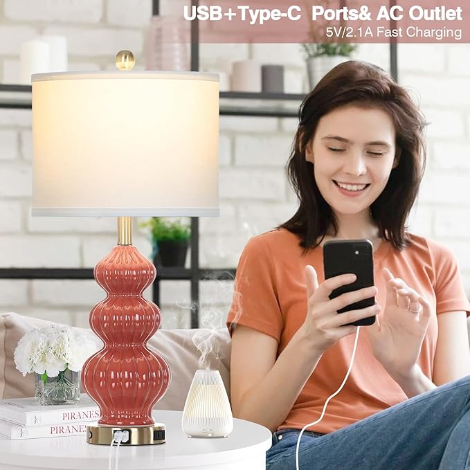 26" Triple Gourd Ceramic Table Lamps Set of 2,Modern Orange Bedside Lamps USB A+C Ports & AC Outlet -Ceramic Nightstand Lamps for Bedroom, 3 Way Touch Control Contemporary Living Room End Tables - Bloomnest