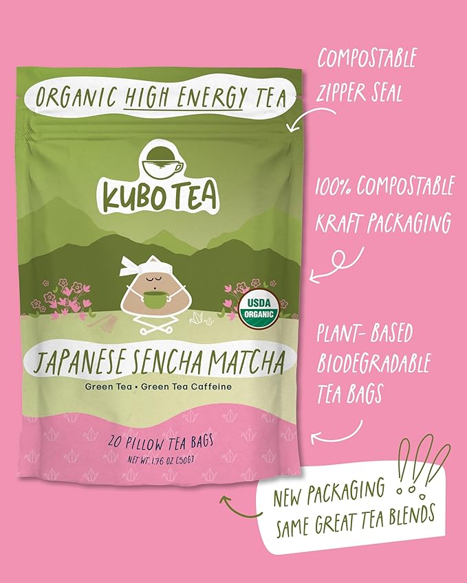 Kubo Tea Japanese Sencha Matcha Tea - Organic High Caffeine Energy Blend w/ Matcha Powder - 20 Pillow Tea Bags (140mg Caffeine each) - Coffee Substitute for Hot & Iced Drinks, Biodegradable & Compostable Packaging - Bloomnest