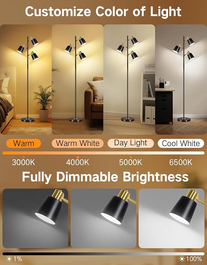 OUTON LED Tree Floor Lamp, Modern Dimmable Standing Lamp with Remote & Touch Control, 4 Color Temperatures, 3 Rotatable Lights Floor Lamps for Living Room, Bedroom, Office, Black & Gold - Bloomnest