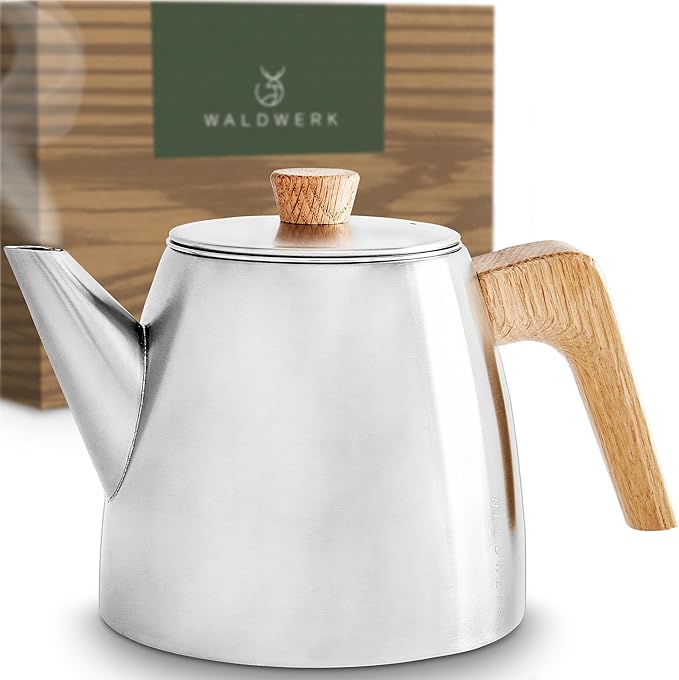 WALDWERK Tea Pot with Infuser - Double Wall Stainless Steel Teapot - Tea Pot with Infuser for Loose Tea - Made from 304 Stainless Steel and Oak Wood - Isolated Teapot with Strainer - 100% Drip Free - Bloomnest
