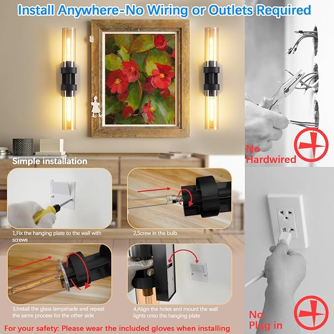 Rechargeable Wall Sconces Set of Two with Remote, Black Battery Operated Wall Sconce with Amber Glass, Sconces Wall Decor Set of 2 Wall Light Fixtures for Bedroom Bathroom Mirror Living Room - Bloomnest