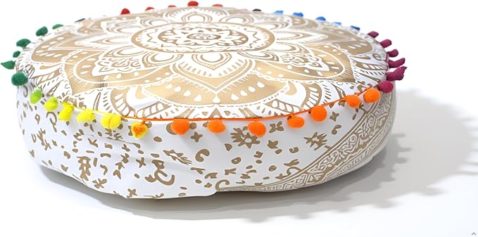INDIAN CRAFT CASTLE ICC Mandala Barmeri Large Floor Pillow Cover Cushion Meditation Seating Ottoman Throw Cover Hippie Decorative Zipped Bohemian Pouf Ottoman Cases Golden, 24" Round - Bloomnest