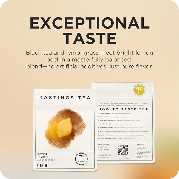 Tastings Tea Meyer Lemon Loose Leaf, 2 oz | Unsweetened Black Citrus Blend & Fruit Infusion with Lemongrass & Peel | Hot or Iced Cold Brew | Small Batch & Sustainably Sourced | Resealable Pouch - Bloomnest