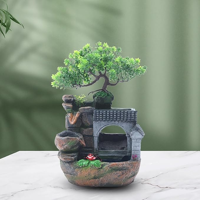 Gdrasuya10 Indoor Water Fountain, Small Tabletop Waterfall Fountain, Rockery Ornament with LED for Office Home Bedroom