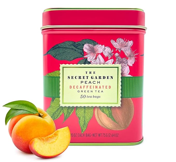 Premium Decaf Peach Herbal Green Tea Bags 50 Pack Designer Tin, Eco-Friendly, Sugar Free, Keto & Diabetic Friendly Full Bodied Aromatic Flavor Family Share Size Bulk Teabags (50-Count) - Bloomnest