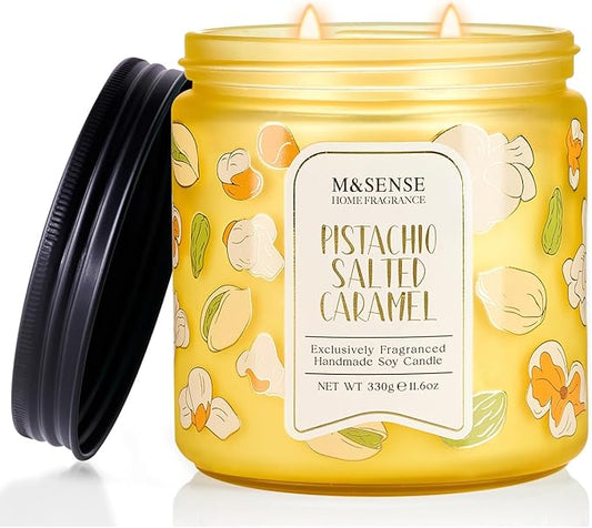 M&SENSE Pistachio Caramel Scented Candle, 11.6oz Natural Soy Wax Non Toxic, 2 Wick Jar Candle, Up to 70 Hours Clean Burn, Housewarming Gift for Women, Nutty Sweet Aroma for Home Office Comfort - Bloomnest