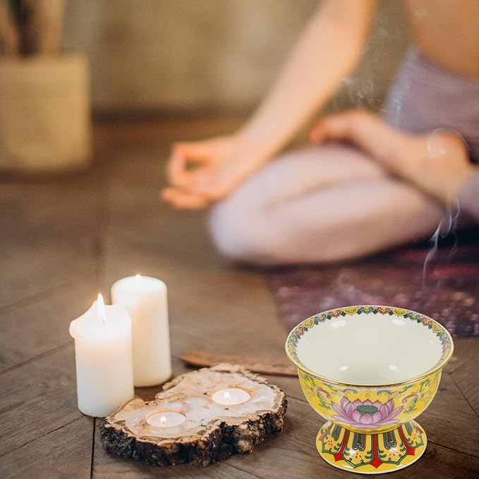 Garneck Singing Bowl Buddhist Antique Ceramic Lotus Carving Handmade Bowl Temple Desktop Ornament for Chakras Healing Meditation Zen Yellow - Bloomnest