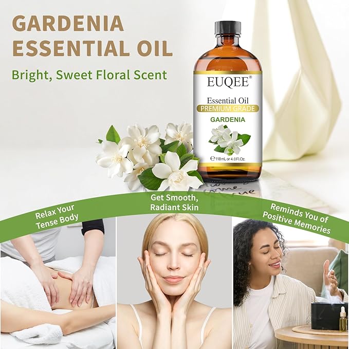 EUQEE 118ml Gardenia Essential Oil, Pure & Premium Grade Aromatherapy Oil Great for Diffuser, DIY Soap, Candle Making, Skin Care, Natural Gardenia Oil Floral Aroma for Mood (4Fl. OZ) EUQEE
