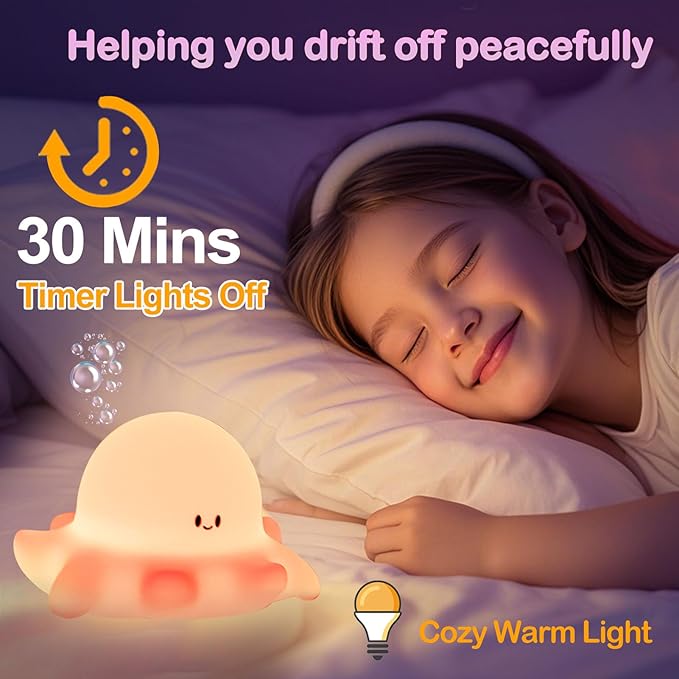 Kibbidea Touch Control Silicone Night Light for Kids, Rechargeable Octopus Nightlight with Timer, Eye Protection, Portable USB Baby Nightl lamp for Nursery, Bedroom - Bloomnest