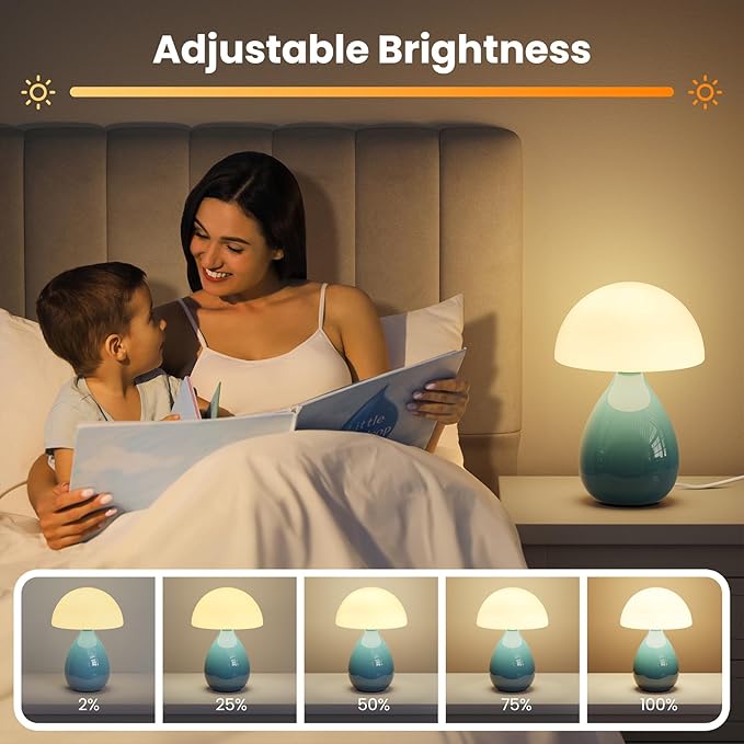 Mushroom Side Table Lamp, Mini Modern Lamp Small Vintage Table Bedside Nightstand Light, Small Light Dimmable for Bedroom, Living Room, Ceramic Base Glass Led Home Decor for Woman Gifts - Bloomnest