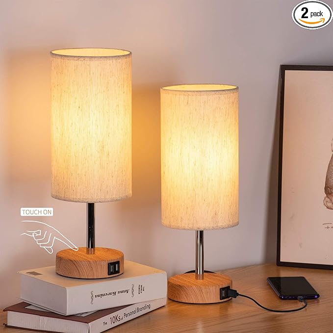 Yarra-Decor Bedside Lamps with USB Port - Touch Control Table Lamp for Bedroom Wood 3 Way Dimmable Nightstand Lamp Set of 2 with Round Flaxen Fabric Shade for Living Room, Dorm, Home Office (2 Pack) - Bloomnest
