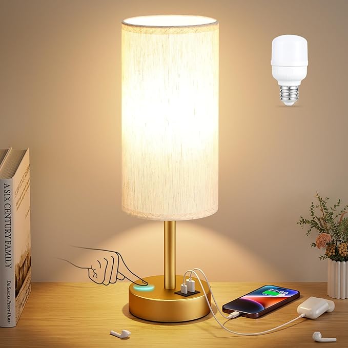 Small Touch Bedside Lamp with USB - 3 Way Dimmable Gold Table Lamp for Bedroom, Nightstand Lamp with Gold Charging Station for Desk Dorm, Office - Bloomnest