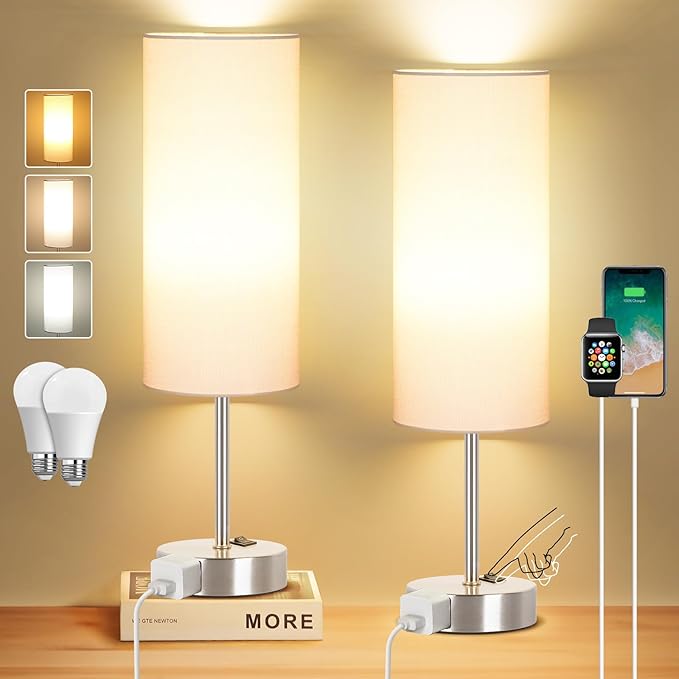 ZJOJO Table Lamp for Bedroom 2 Pack,18in Bedside Lamps with 3 Way Dimmable Rocker Switch & AC Outlet,Nightstand Desk Lamp with White Fabric Shade Nickel Basee for Living Room Home Decor Lights - Bloomnest