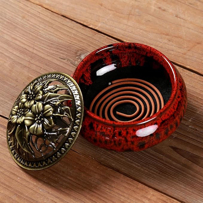 Incense Burner with Calabash Incense Stick Holder - Porcelain Charcoal Censer for Use with Resin Granular Powder Cone or Coil Incense (Fambe Red) - Bloomnest