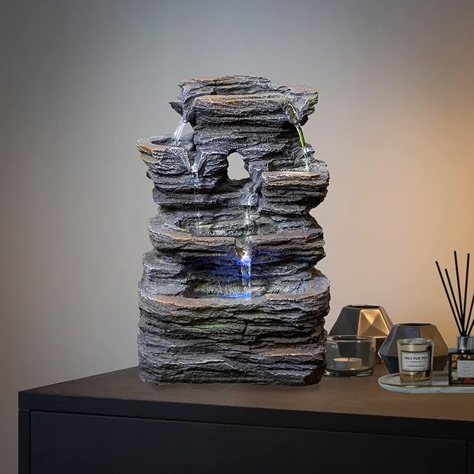 Ferrisland 5-Tier Cascading Tabletop Fountain with LED Lights - Indoor Water Fountain Decor Tabletop Small Relaxation Waterfall Feature Dark Gray - Bloomnest