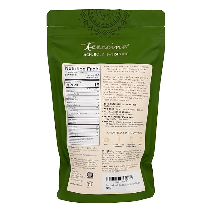 Teeccino French Roast Herbal Tea - Rich & Roasted Herbal Tea That’s Caffeine Free & Prebiotic for Natural Energy, Coffee Alternative, 50 Tagless Eco-Friendly Tea Bags - Bloomnest
