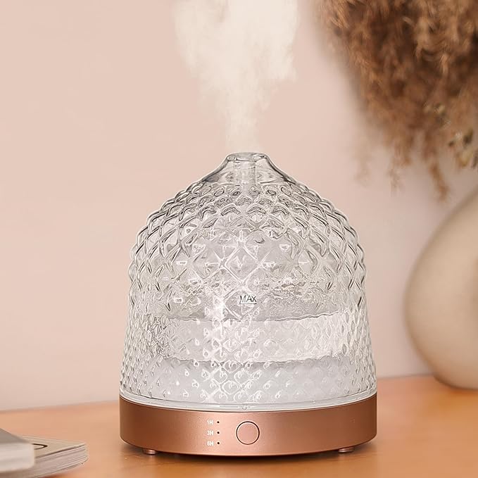 200ml Glass Reservoir Essential Oil Diffuser with Glass Dome Ultrasonic Aromatherapy Diffuser with Four Timer Colorful Light Auto-Off for Home Office Bedroom - Bloomnest