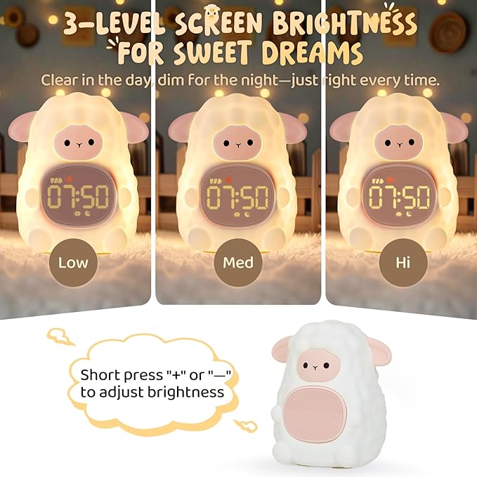 Sheep Alarm Clock with Night Light for Kids with Sleep Training and Sound Machine, Rechargeable Silicone Lamp OK to Wake Clock，Cute Animal Tabletop Lamp, Perfect Sleep Companion for Boys Girls, Pink - Bloomnest